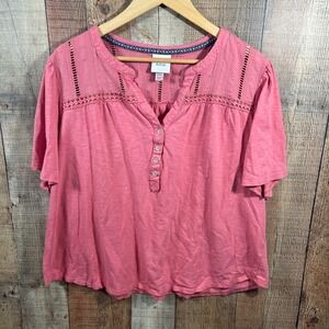 Knox Rose Boho Coral Crochet Lace Henley Top XXL Plus Size Peasant Cottagecore